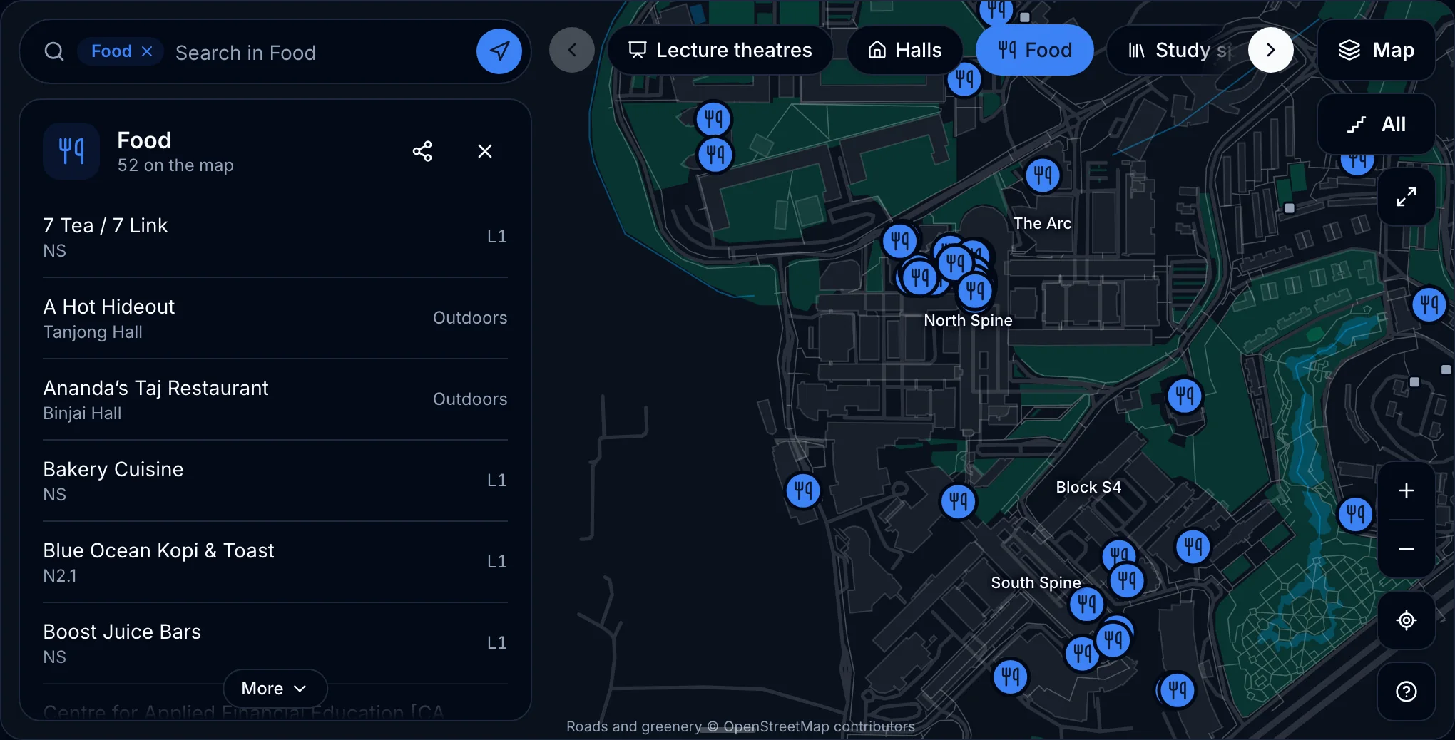 The NTUMods campus map with the Food category selected, showing food outlets as icon markers on the map and a list of outlets with their level