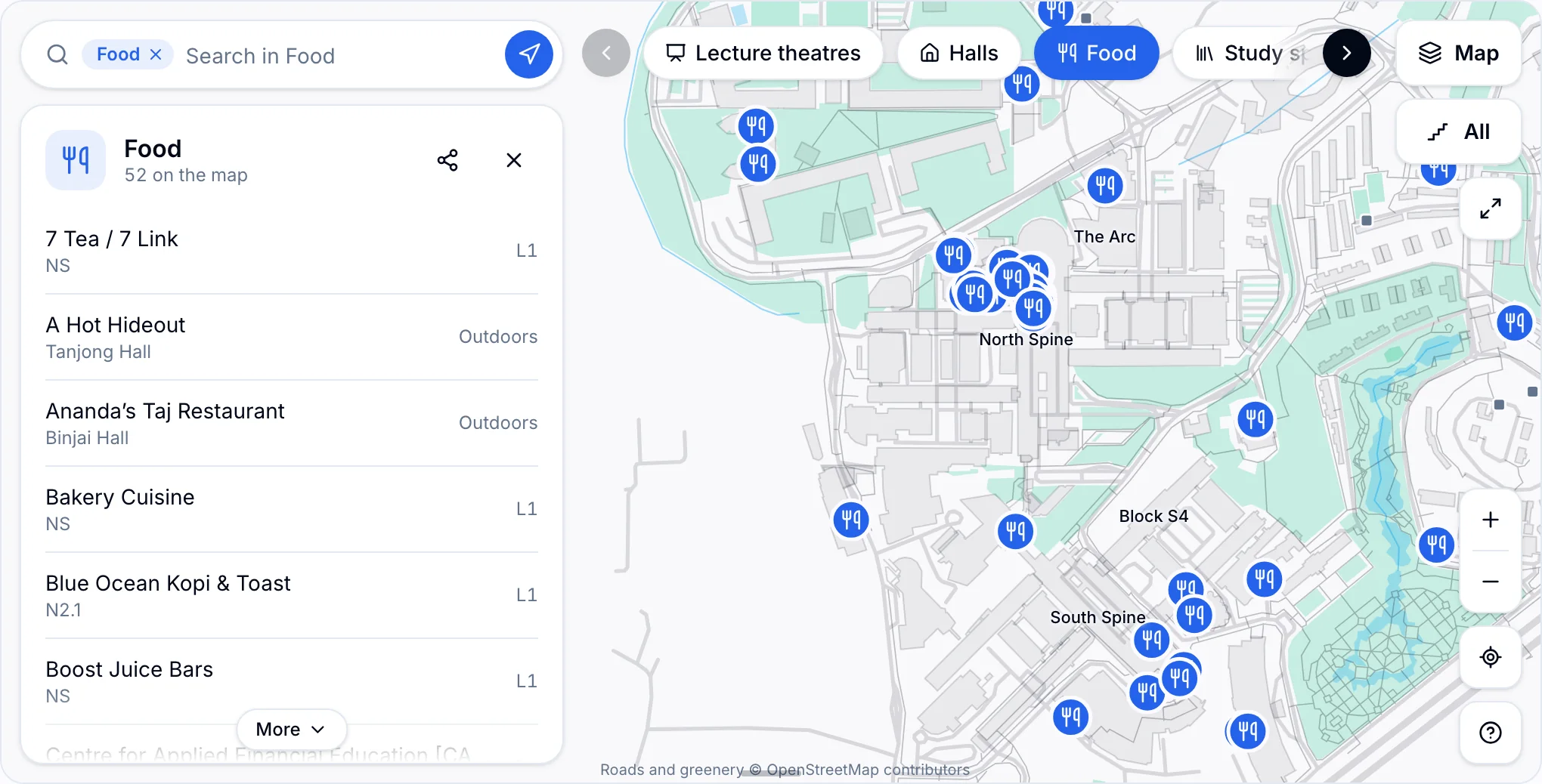 The NTUMods campus map with the Food category selected, showing food outlets as icon markers on the map and a list of outlets with their level