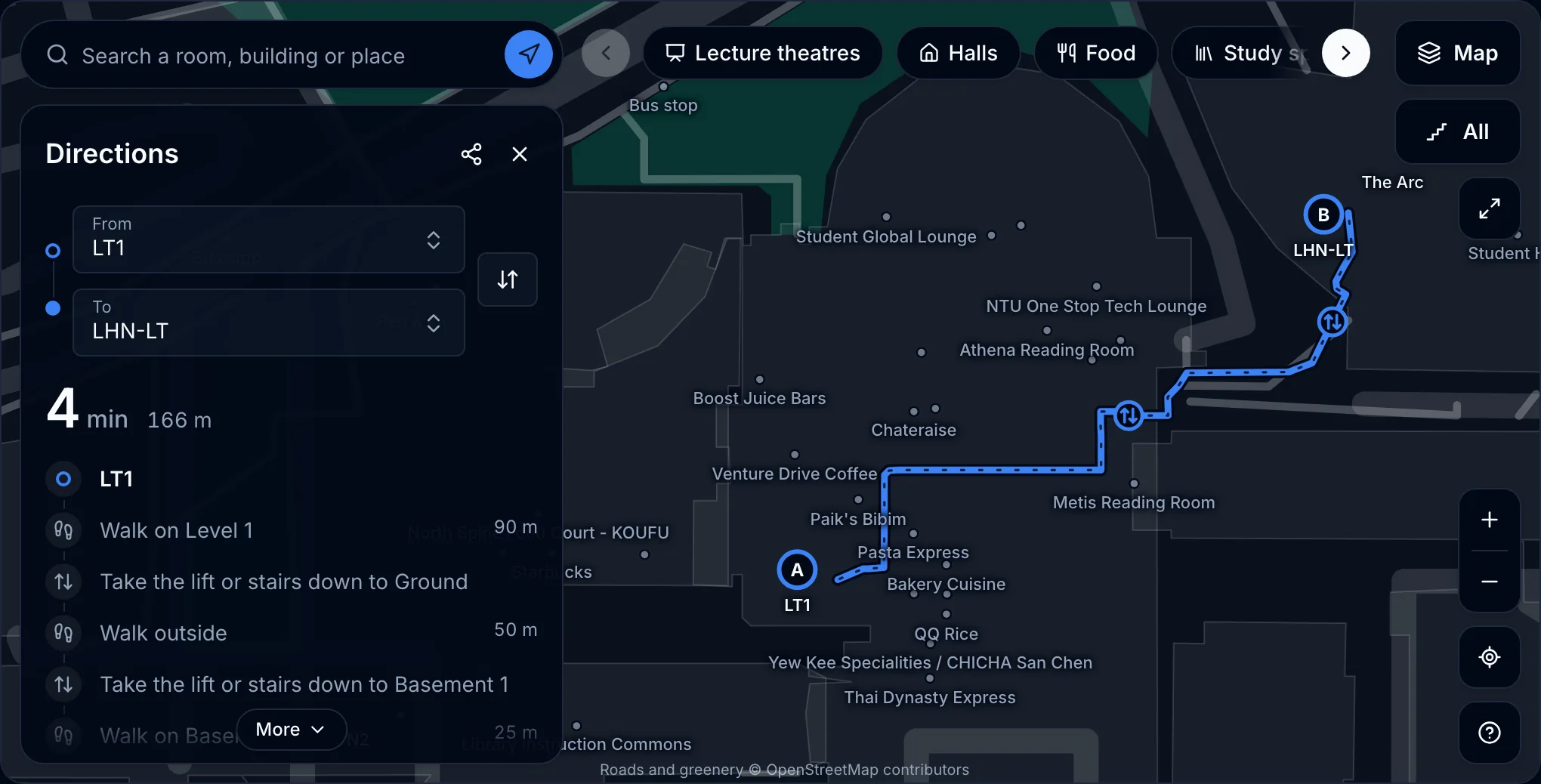 The NTUMods campus map showing a walking route from LT1 to LHN-LT with a 4 minute estimate and a step by step list of levels, stairs and lifts