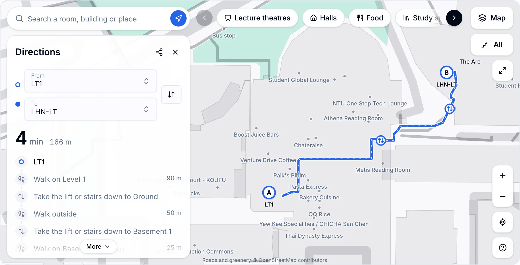 The NTUMods campus map showing a walking route from LT1 to LHN-LT with a 4 minute estimate and a step by step list of levels, stairs and lifts
