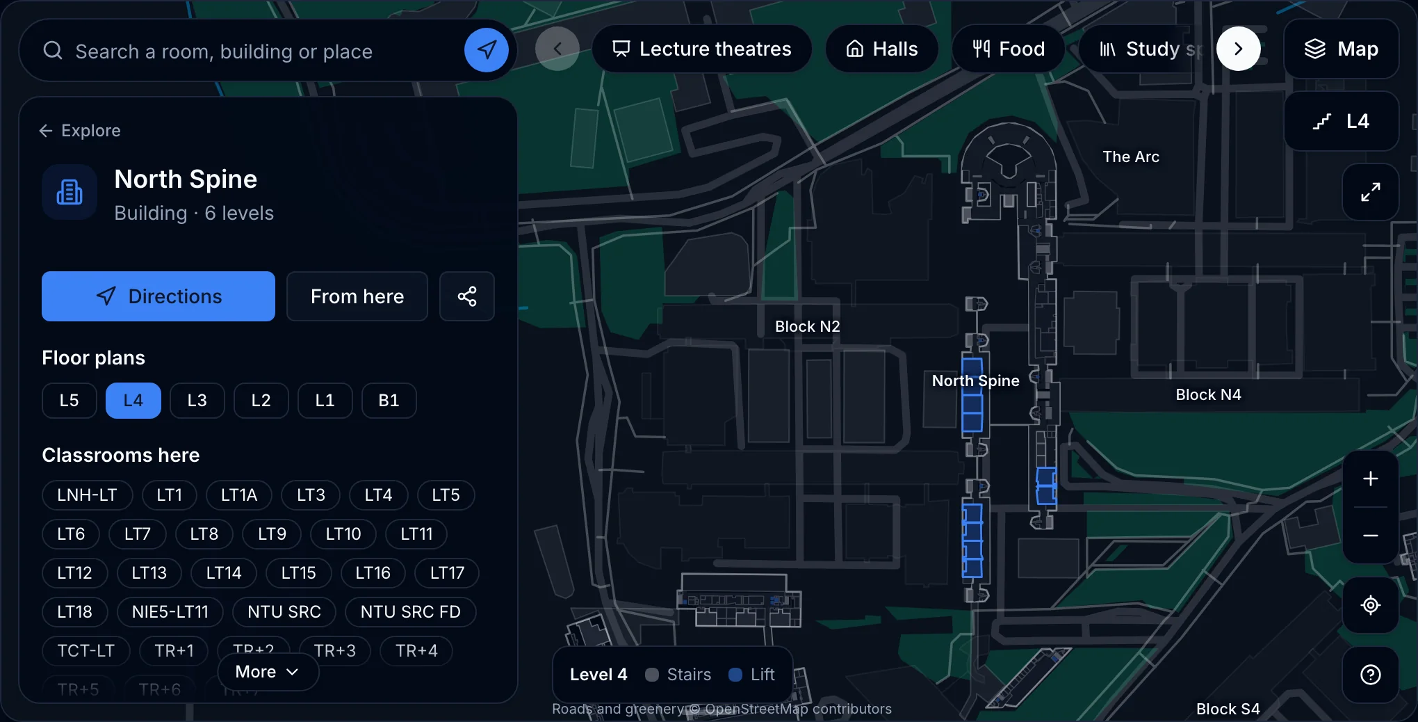 The NTUMods campus map showing the indoor floor plan of North Spine level 4, with lecture theatres highlighted and stairs and lifts marked