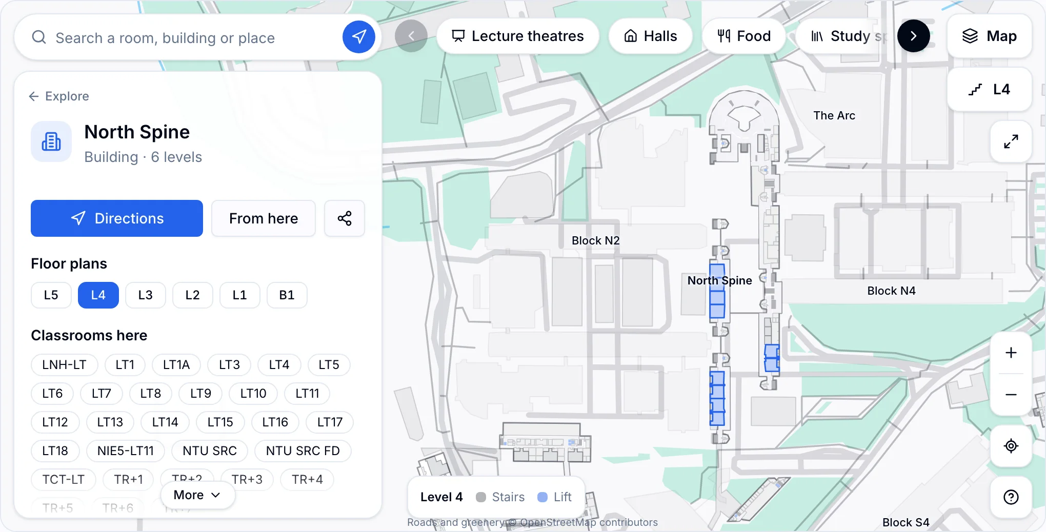The NTUMods campus map showing the indoor floor plan of North Spine level 4, with lecture theatres highlighted and stairs and lifts marked