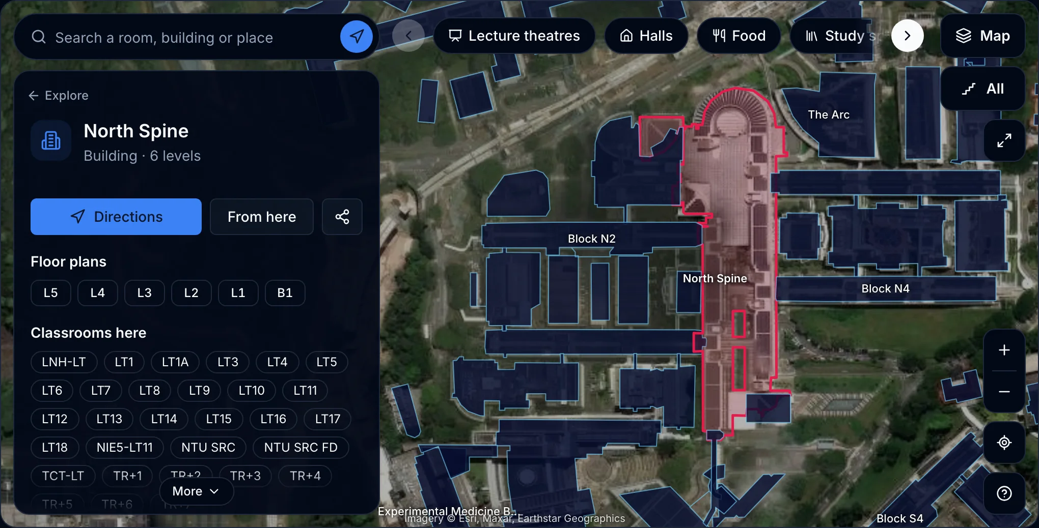 The NTUMods campus map in hybrid view, with satellite imagery of the NTU campus and dark blue building boxes labelled with their names