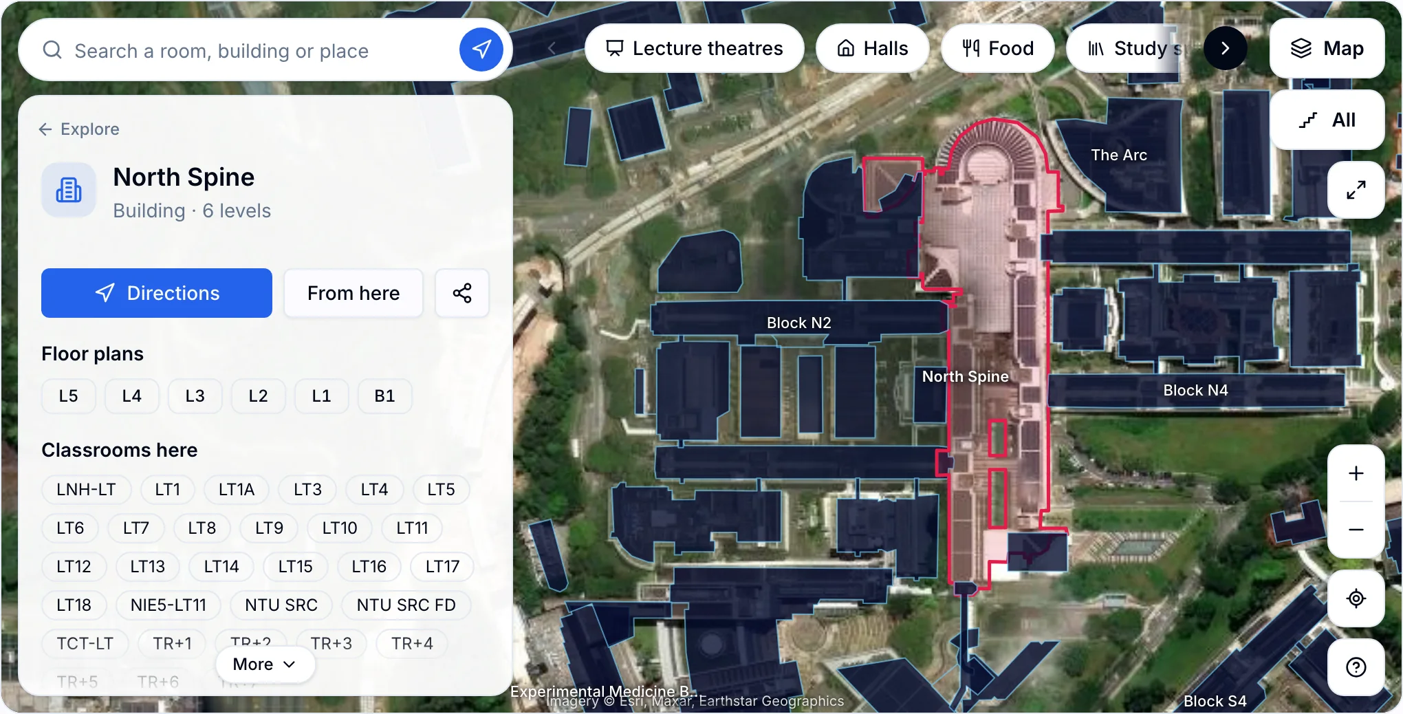 The NTUMods campus map in hybrid view, with satellite imagery of the NTU campus and dark blue building boxes labelled with their names