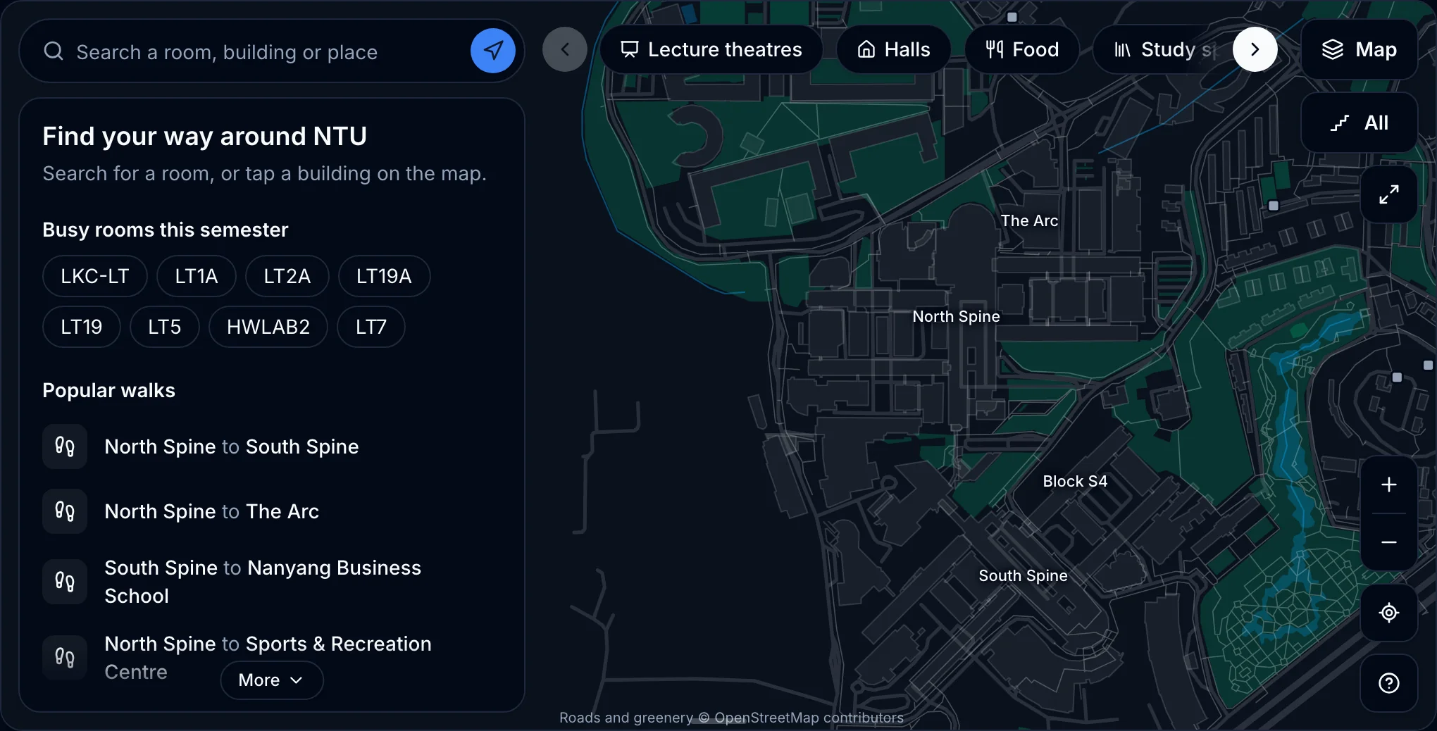 The NTUMods campus map with search, category chips and a side panel