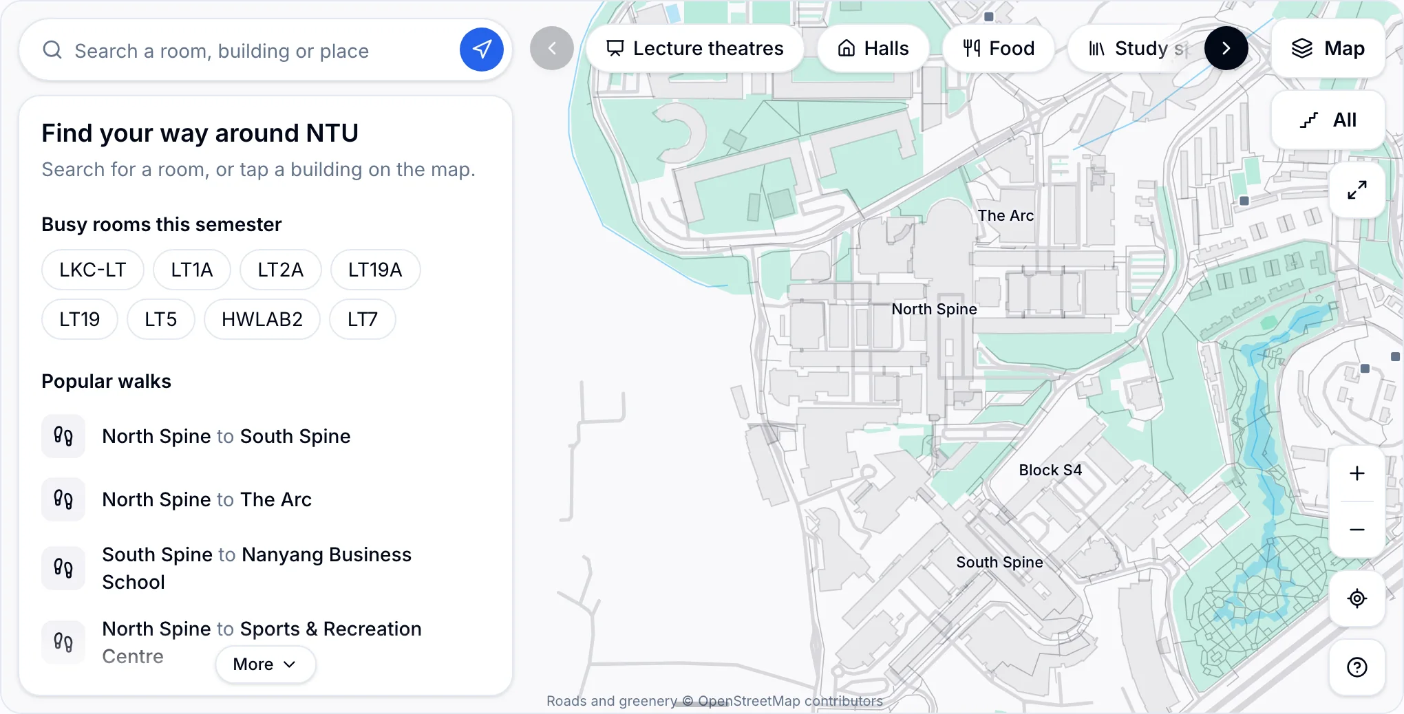 The NTUMods campus map with search, category chips and a side panel