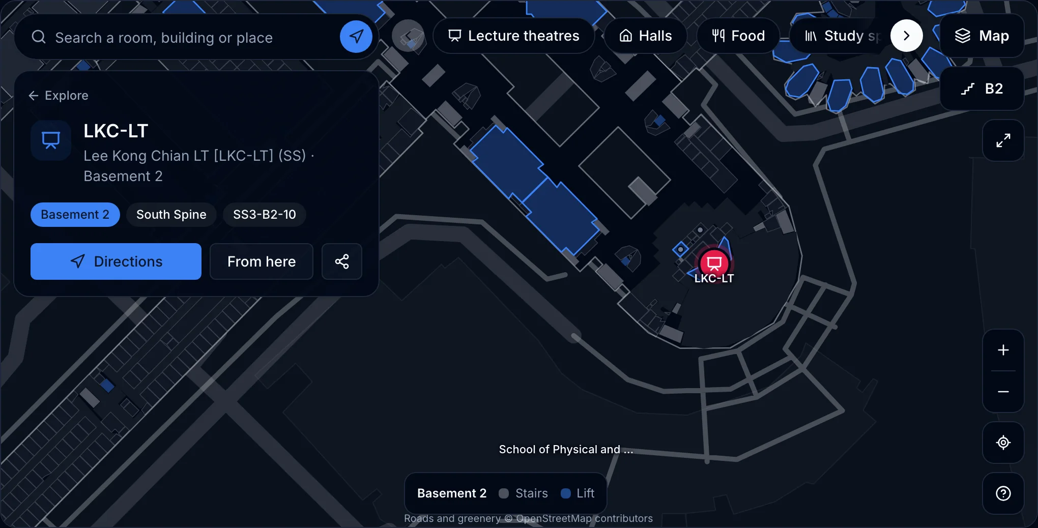 The NTUMods campus map with the Lee Kong Chian Lecture Theatre selected, showing a place card with its level, building and room code, and directions buttons
