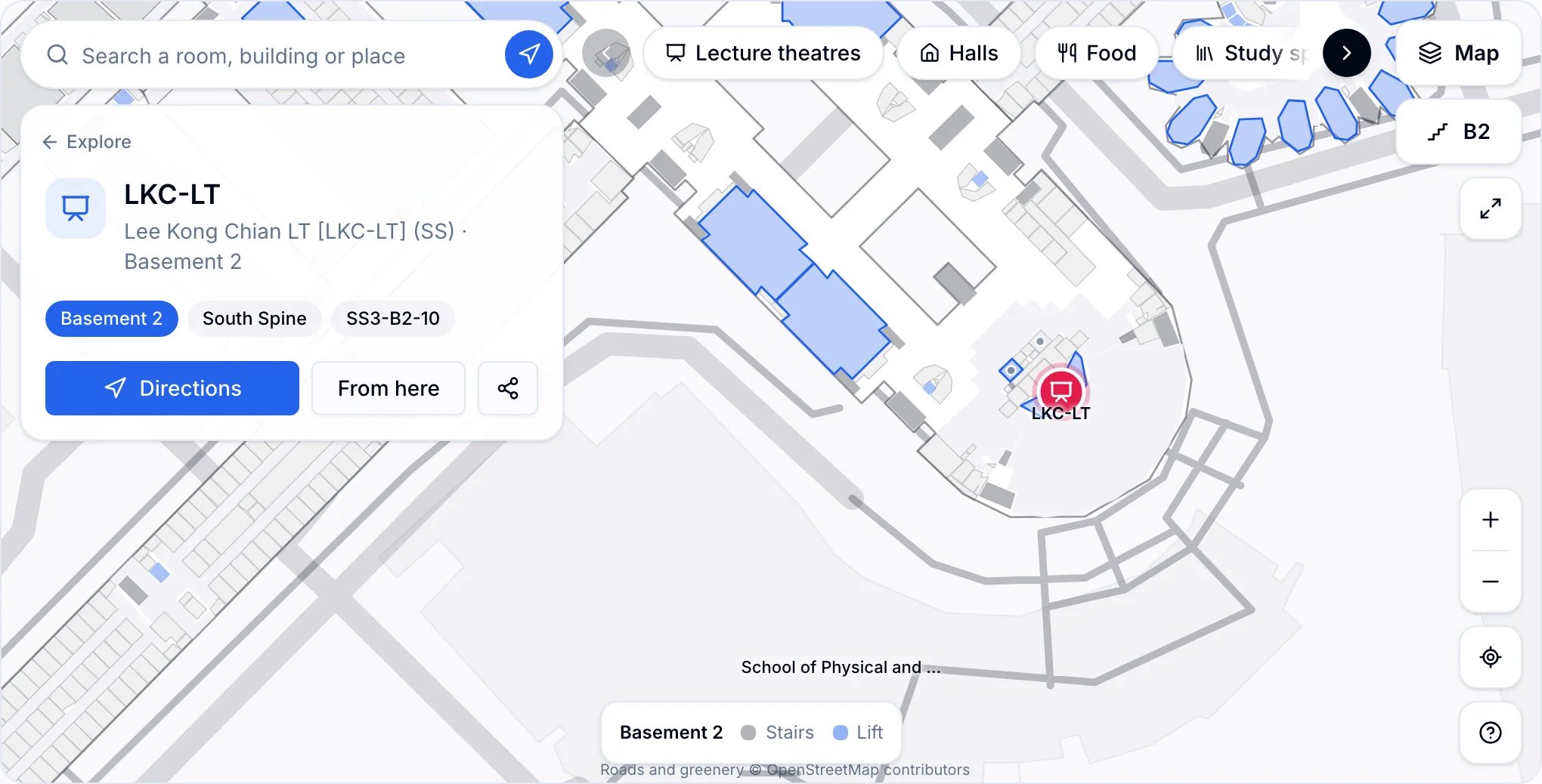 The NTUMods campus map with the Lee Kong Chian Lecture Theatre selected, showing a place card with its level, building and room code, and directions buttons