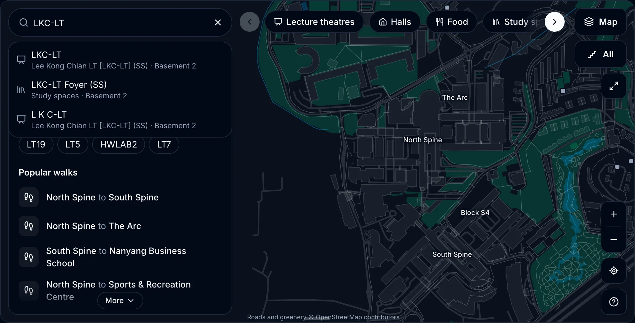 The NTUMods campus map search box showing LKC-LT and three related results with their level, above the popular walks list