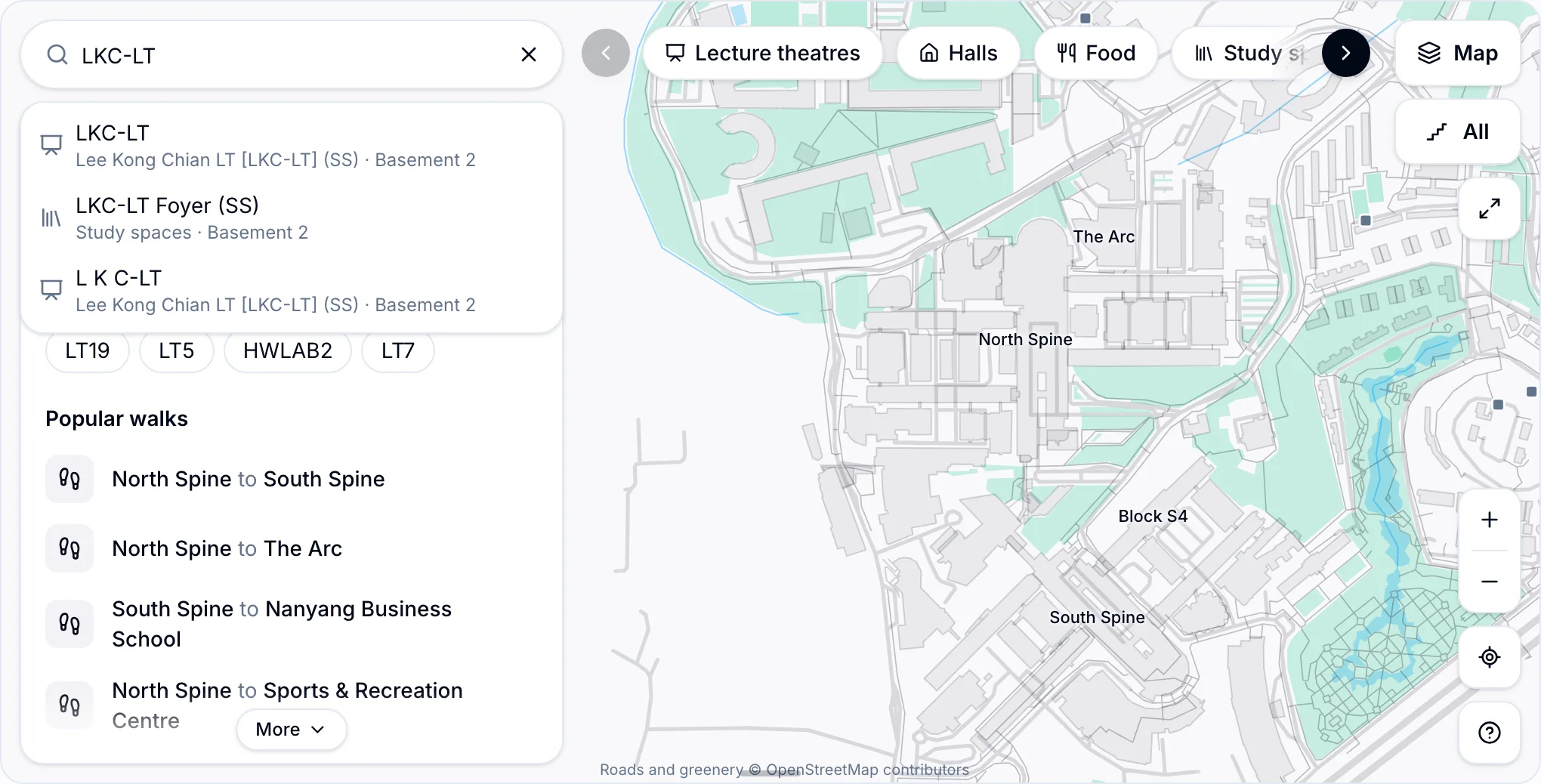 The NTUMods campus map search box showing LKC-LT and three related results with their level, above the popular walks list