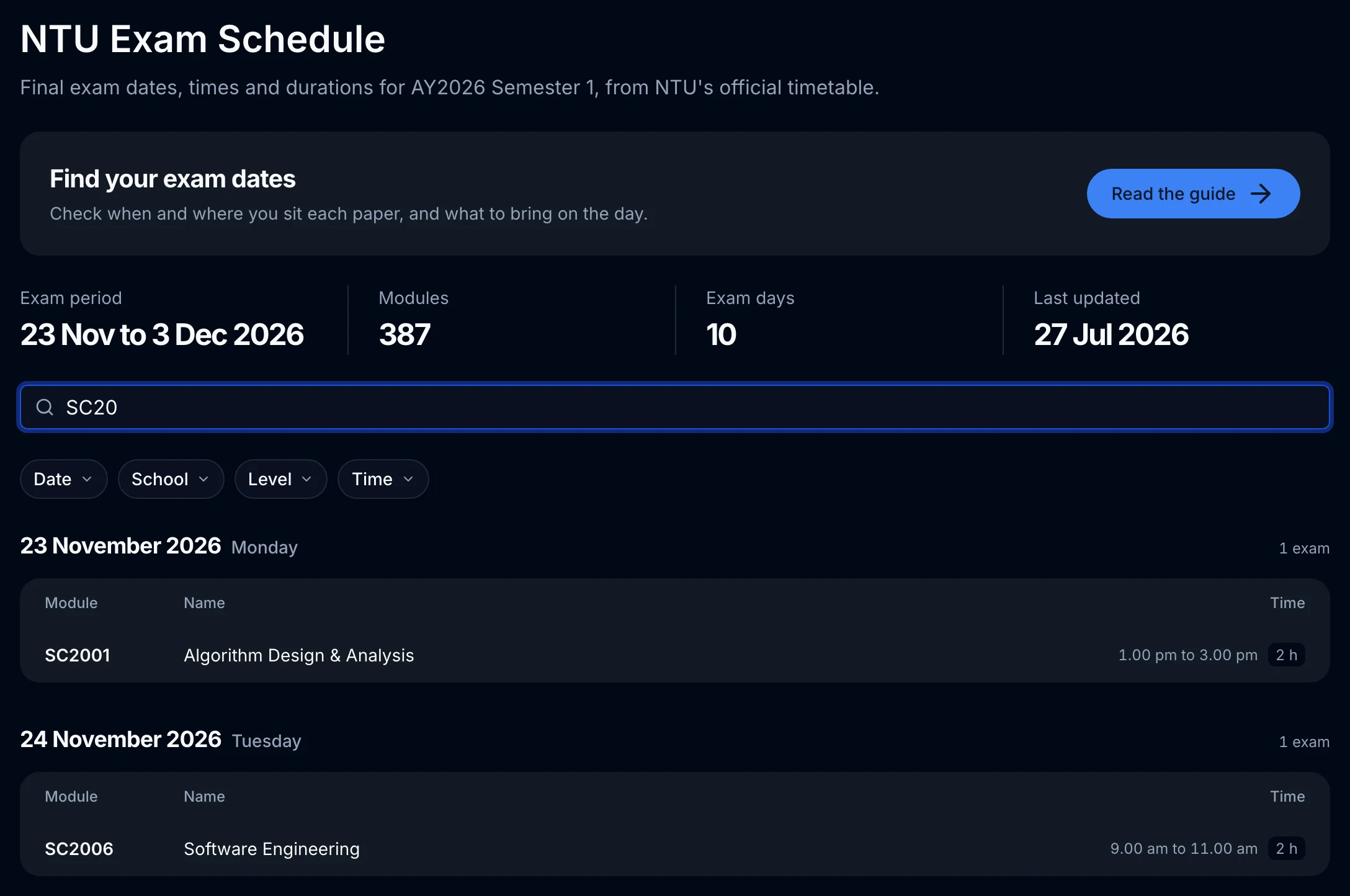 NTU exam schedule AY2026/2027 Semester 1 on NTUMods, searched for SC20 to list each module’s exam date and time