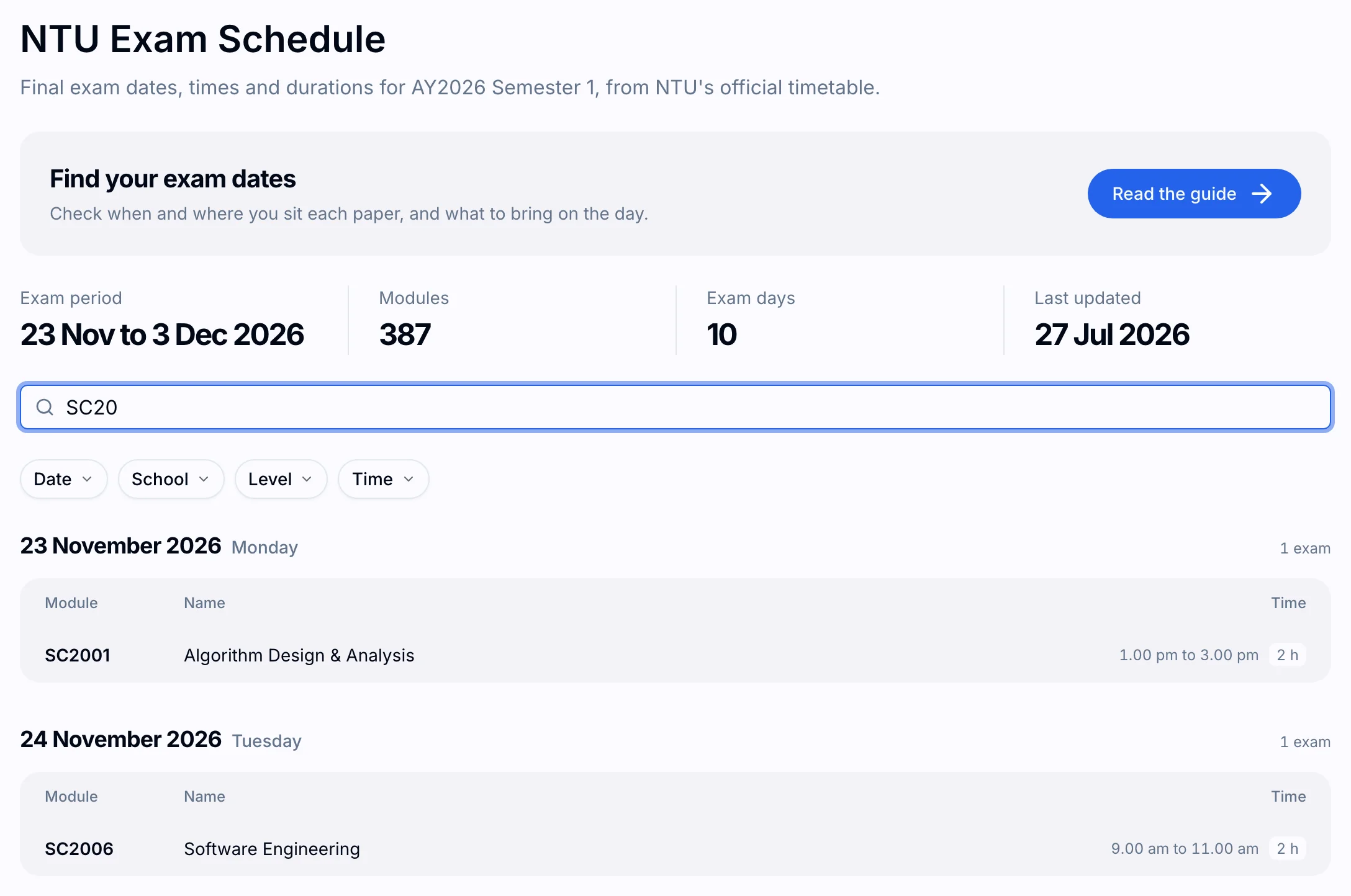 NTU exam schedule AY2026/2027 Semester 1 on NTUMods, searched for SC20 to list each module’s exam date and time