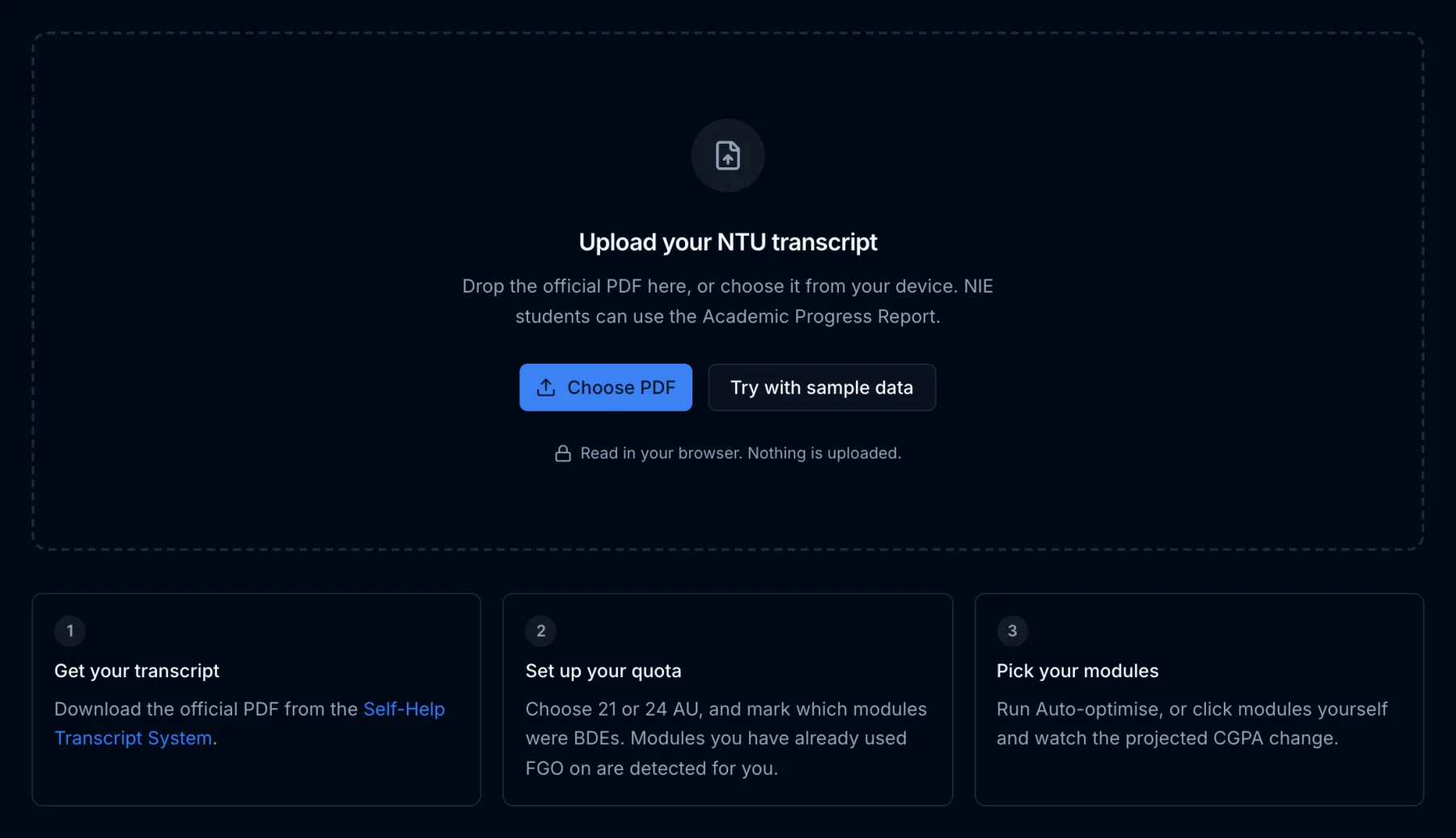 NTUMods FGO optimiser upload page for an NTU transcript PDF, with Choose PDF and Try with sample data buttons above three numbered steps