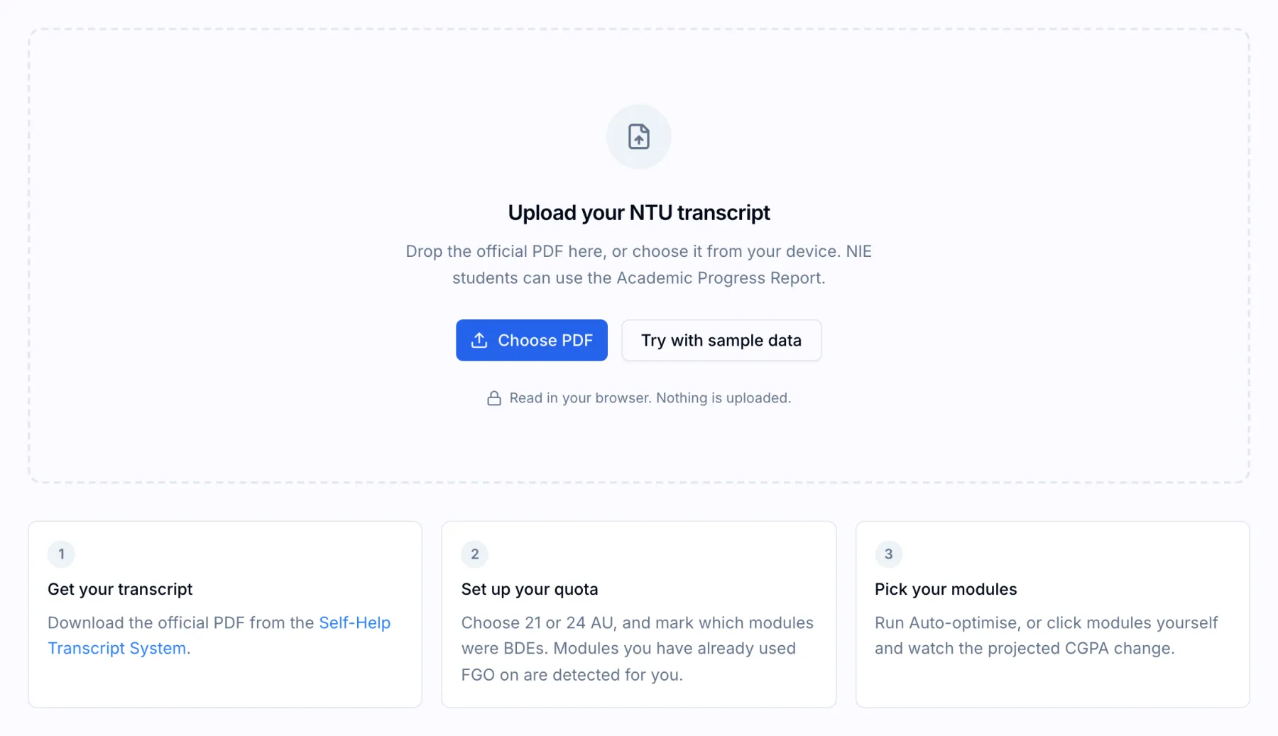 NTUMods FGO optimiser upload page for an NTU transcript PDF, with Choose PDF and Try with sample data buttons above three numbered steps