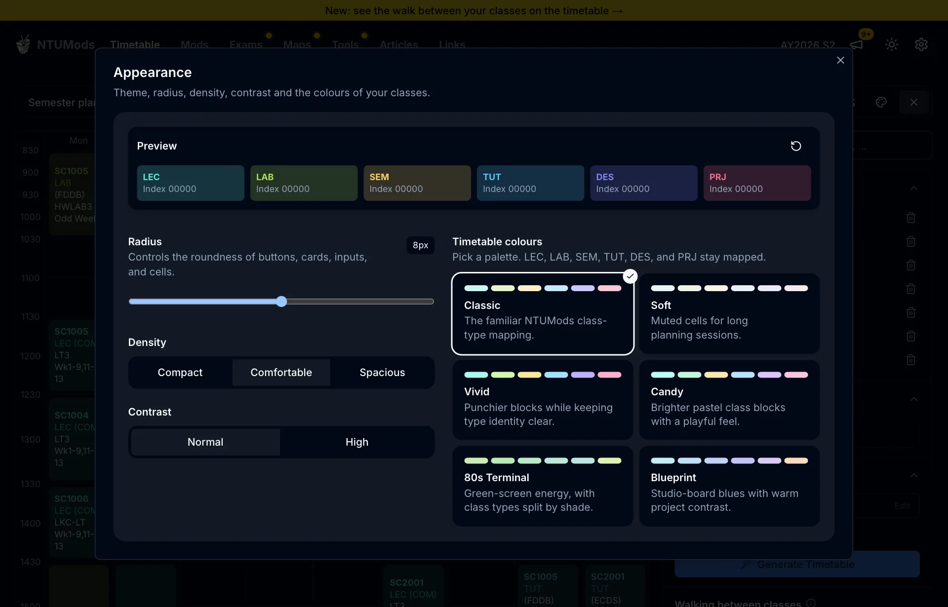 The Appearance dialog showing a sticky preview of the six class types, sliders and toggles for radius, density and contrast, and six colour palettes