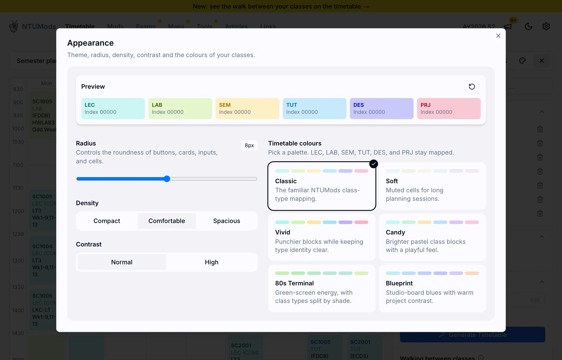 The Appearance dialog showing a sticky preview of the six class types, sliders and toggles for radius, density and contrast, and six colour palettes