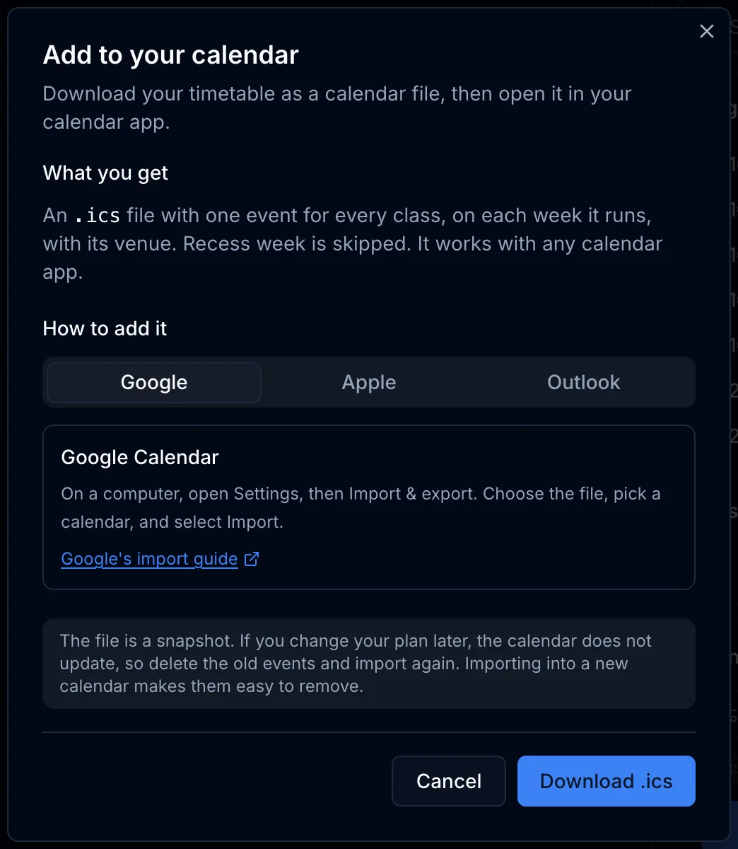 The Add to your calendar dialog explaining what the .ics file contains, with Google, Apple and Outlook tabs, a note that the file is a snapshot, and a Download .ics button