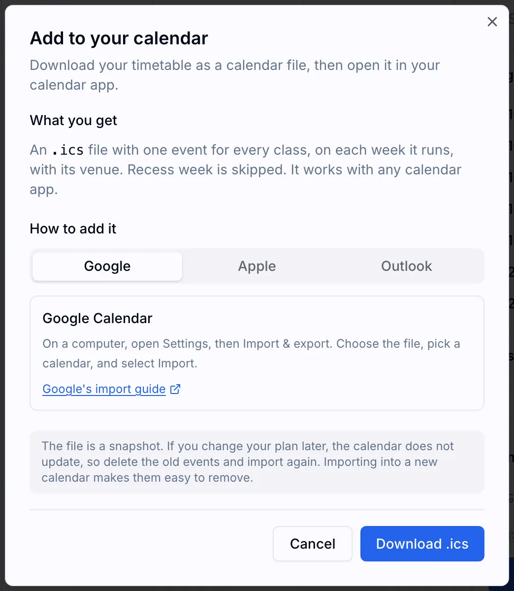 The Add to your calendar dialog explaining what the .ics file contains, with Google, Apple and Outlook tabs, a note that the file is a snapshot, and a Download .ics button