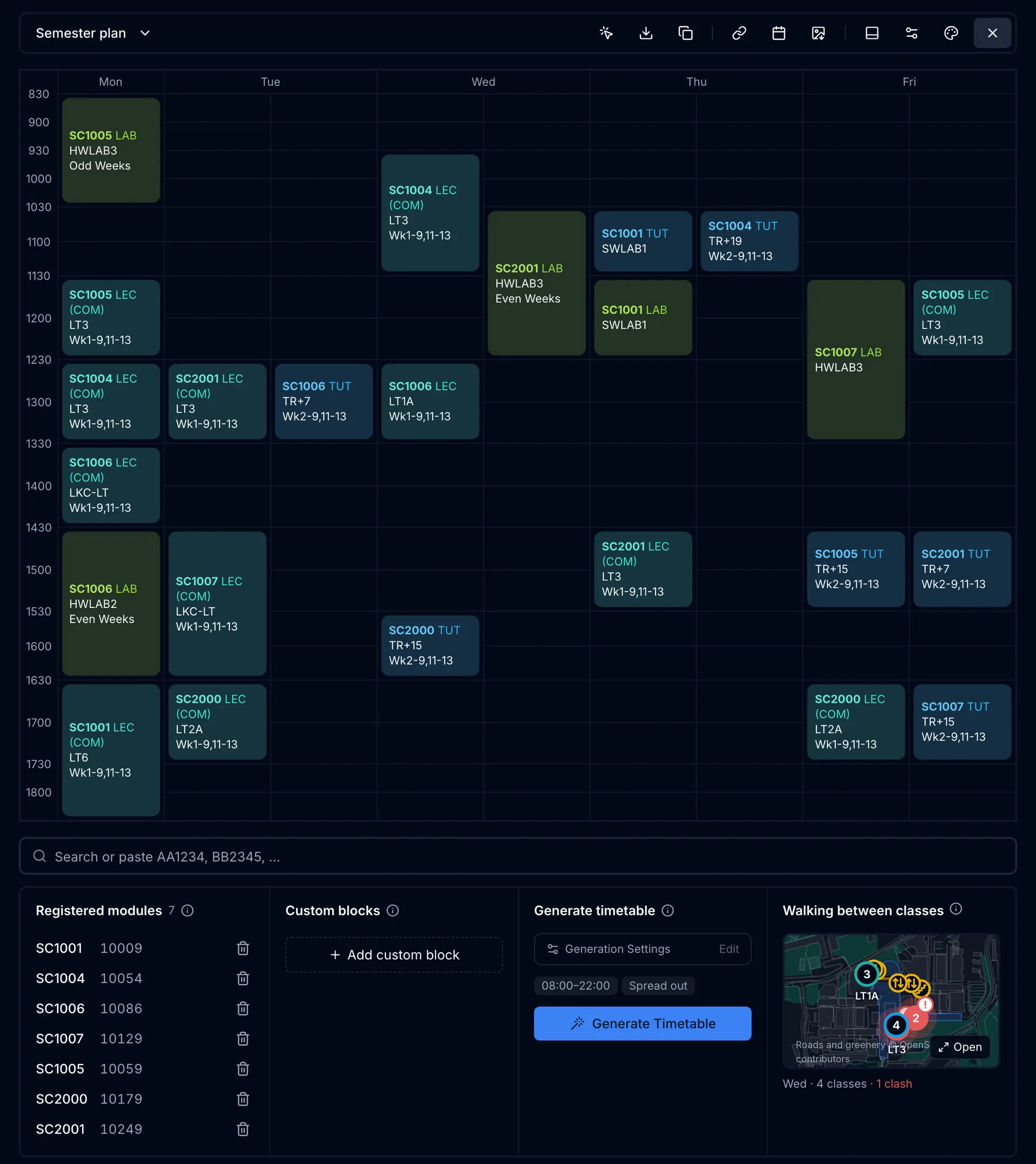 The timetable with the toolbar and grid at full width, and the search box, registered modules, custom blocks, generation settings and walking preview laid out in a row underneath