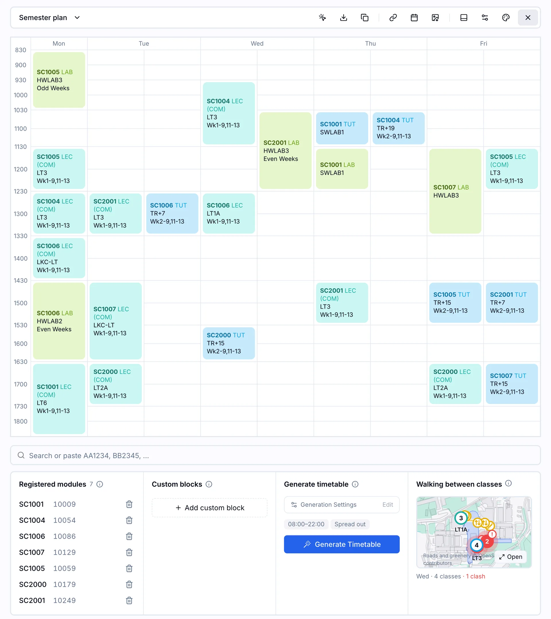 The timetable with the toolbar and grid at full width, and the search box, registered modules, custom blocks, generation settings and walking preview laid out in a row underneath