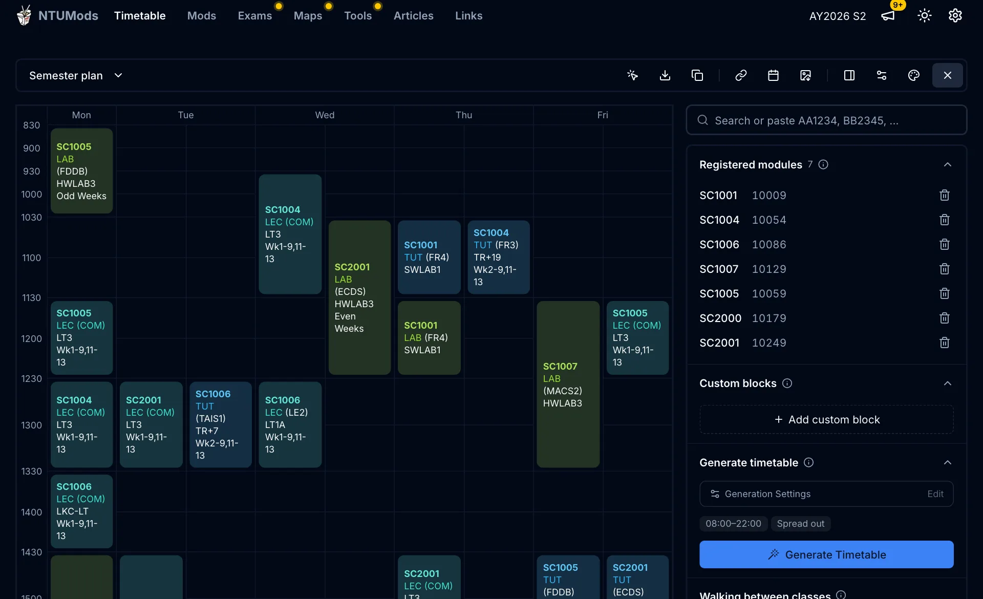 The redesigned NTUMods timetable planner with the toolbar on top, the weekly grid on the left and the side panel with modules, custom blocks, generation settings and walking preview on the right