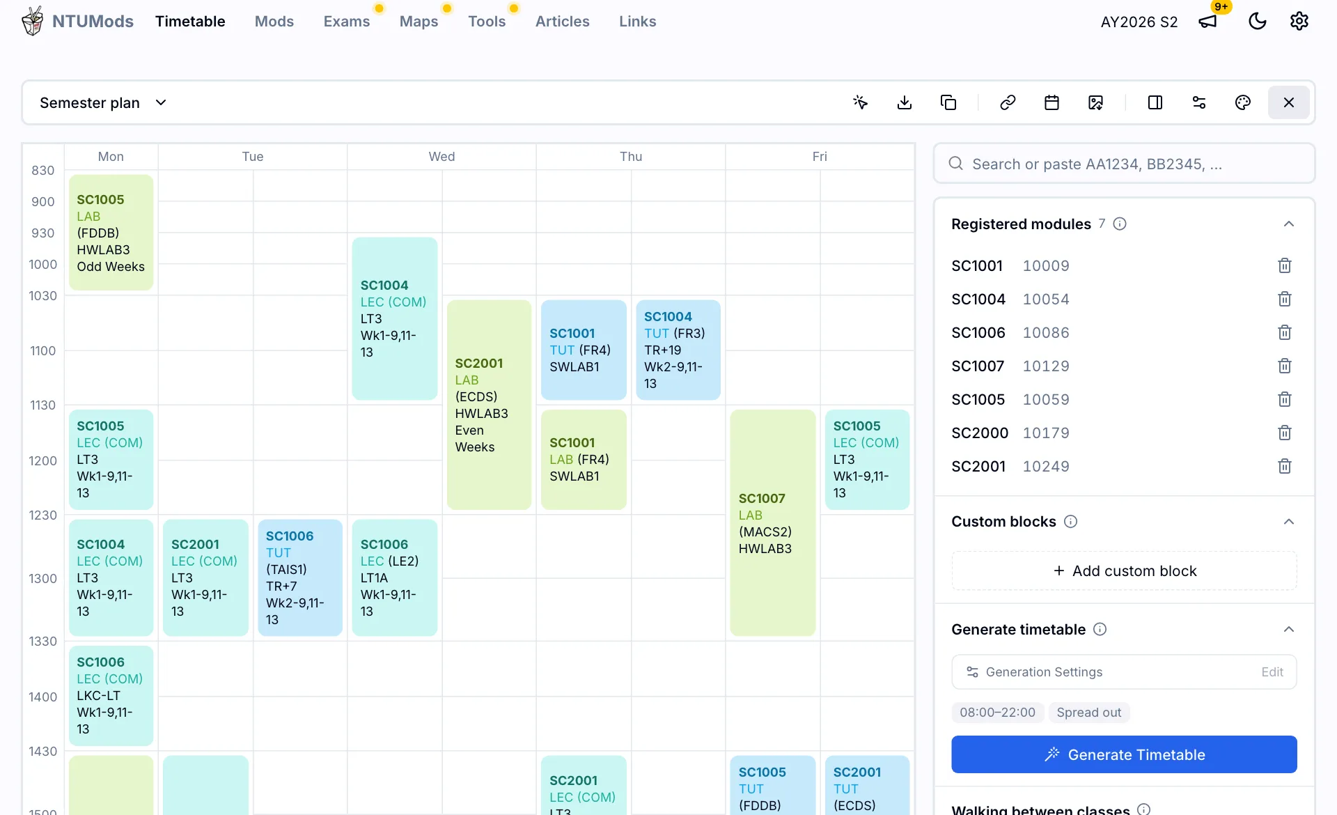 The redesigned NTUMods timetable planner with the toolbar on top, the weekly grid on the left and the side panel with modules, custom blocks, generation settings and walking preview on the right