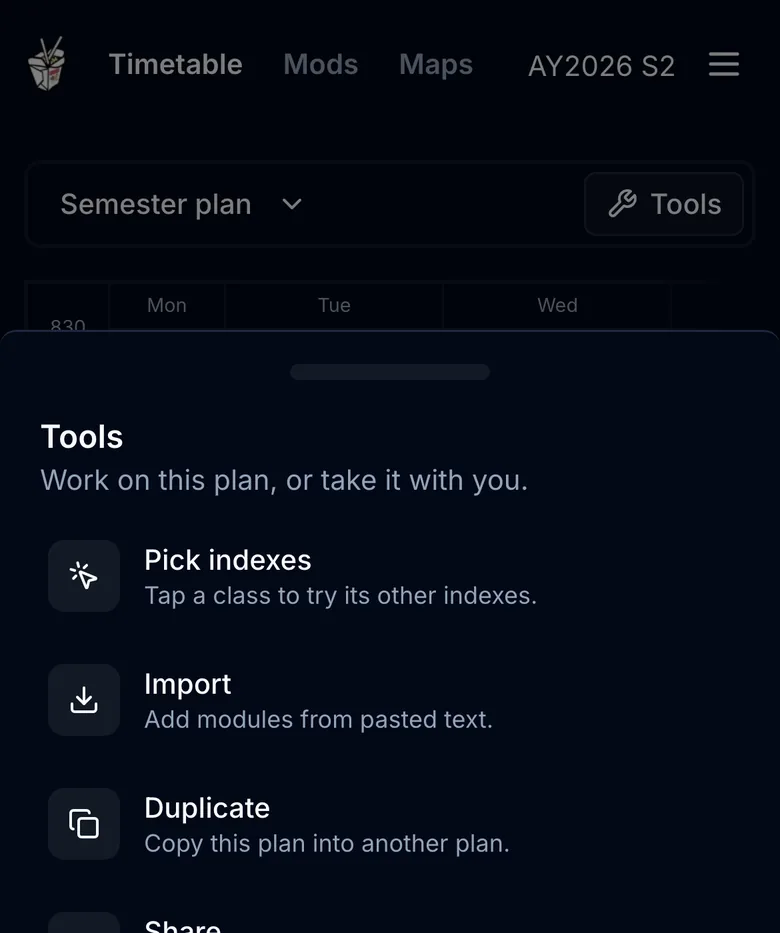 The Tools button and drawer on a phone, listing pick indexes, import, duplicate, share and calendar, each with a one-line description