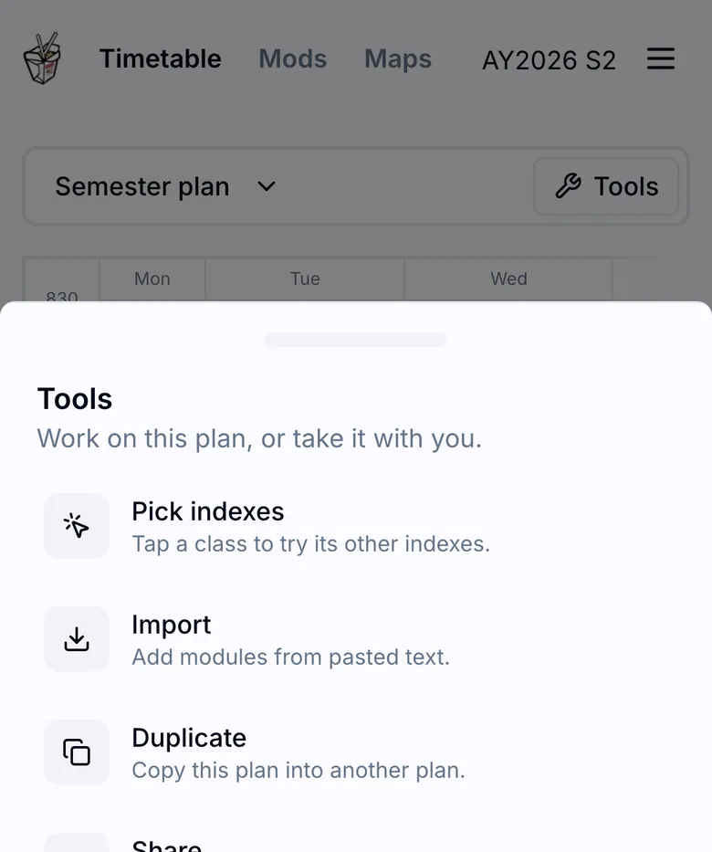 The Tools button and drawer on a phone, listing pick indexes, import, duplicate, share and calendar, each with a one-line description