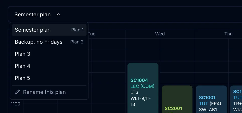 The plan menu open on the timetable page, listing a plan called Semester plan, a plan called Backup, no Fridays, three unnamed plans, and a Rename this plan option