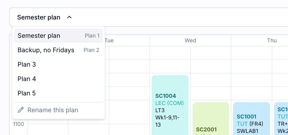 The plan menu open on the timetable page, listing a plan called Semester plan, a plan called Backup, no Fridays, three unnamed plans, and a Rename this plan option