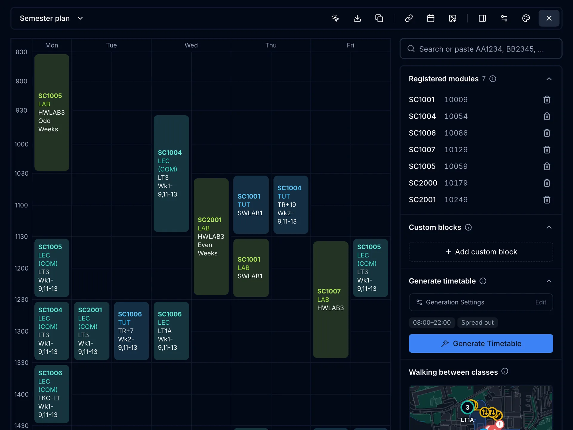 The weekly grid with Standardised scale switched on, where every half-hour row has the same height and classes of the same length look the same length
