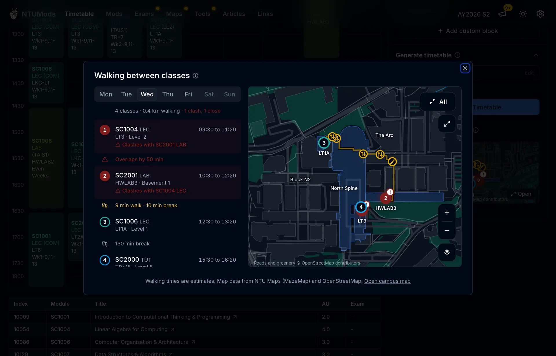 The Walking between classes dialog showing a Wednesday with four classes as numbered stops on the campus map, with a clash and a close gap flagged in the list