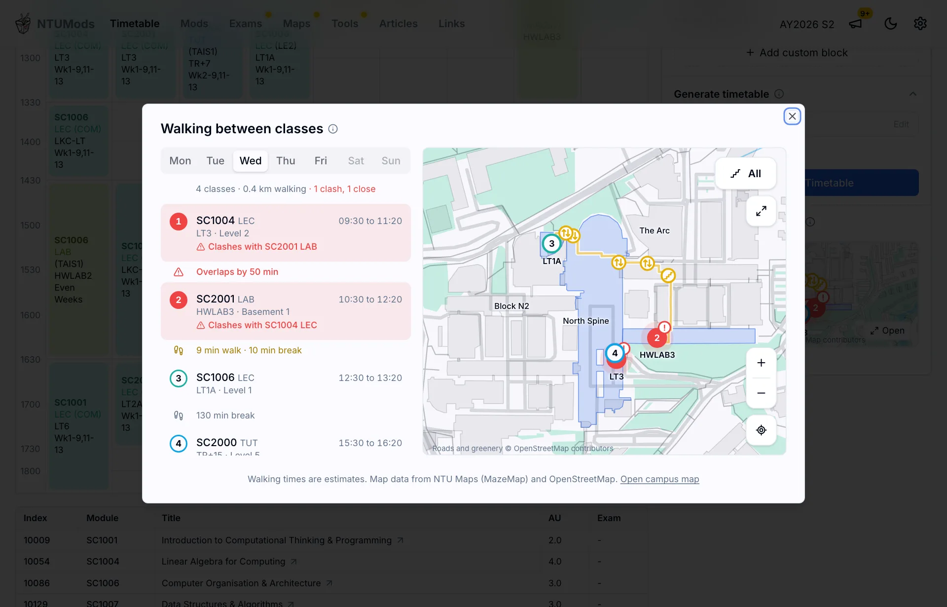 The Walking between classes dialog showing a Wednesday with four classes as numbered stops on the campus map, with a clash and a close gap flagged in the list