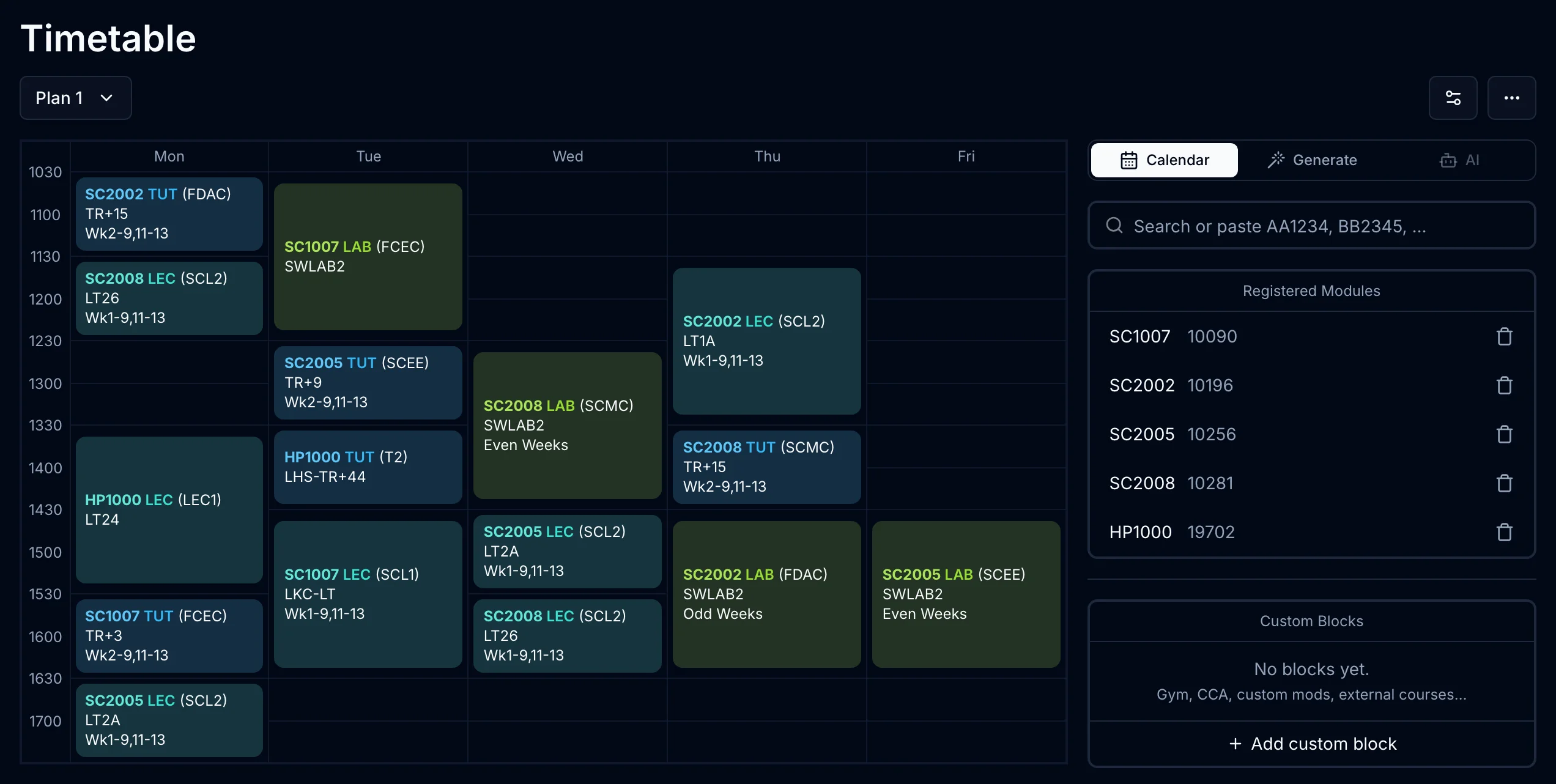 STARS planner for NTU students: NTUMods timetable with module indexes selected and class clashes checked before bidding