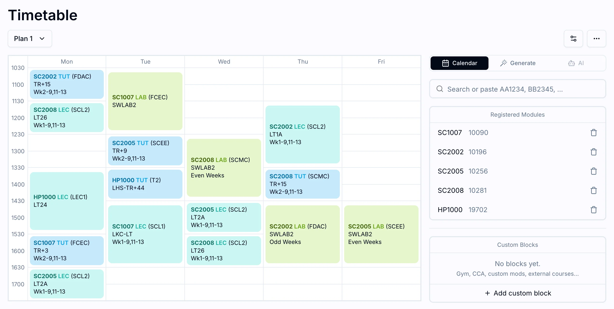 STARS planner for NTU students: NTUMods timetable with module indexes selected and class clashes checked before bidding