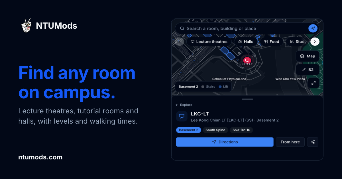 NTUMods campus map: find any room on campus, with levels and walking times